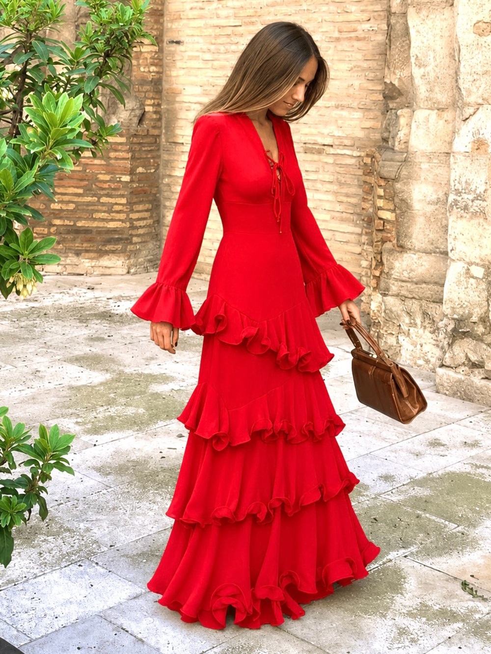 REVOLVE ASTRID Tiered Ruffle Long Sleeve Lace Up Maxi Dress
